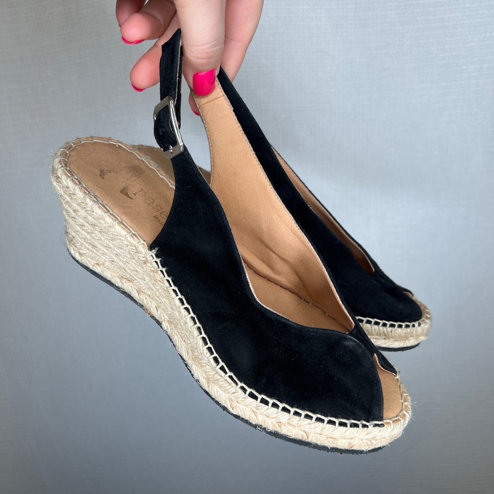 Apaseart Black Suede Espadrille Wedge Sandals Peep Toe Slingback Spain 39
